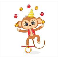 A cute monkey is juggling in a circus. Vector illustration of a cartoon.