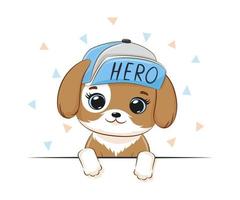 Cute little dog in a cap with the inscription Hero. Cartoon vector illustration.