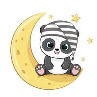 Cute panda on the moon in a sleeping cap. Vector illustration of a cartoon.