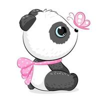 Cute panda girl with a butterfly. Vector illustration of a cartoon.