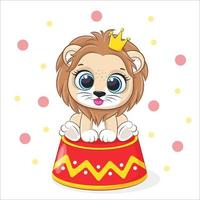 Cute lion cub performs in the circus. Vector illustration of a cartoon.