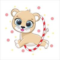 Cute lion cub performs in a circus, jumps through a hoop. Vector illustration of a cartoon.