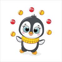 Cute penguin juggles in the circus. Vector illustration of a cartoon.
