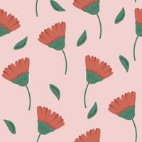 Seamless Pattern with minimalistic red flowers on pink background. Vector spring print with blossom little flowers for Fabric, Wallpaper, Posters, Banners.