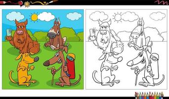 comic dogs characters group in the meadow coloring page vector