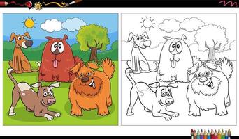 funny comic dogs characters group in the park coloring page vector