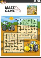 laberinto juego con dibujos animados tractor y excavadora caracteres vector