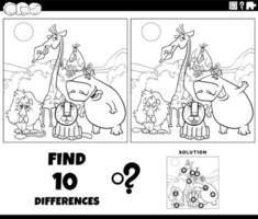 differences game with cartoon Safari animals coloring page vector