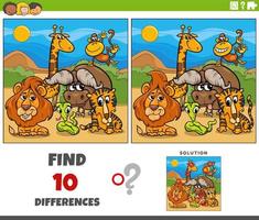 differences task with cartoon Safari animal characters vector