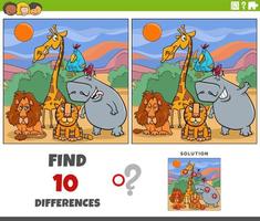 juego de diferencias con personajes de animales de safari de dibujos animados vector