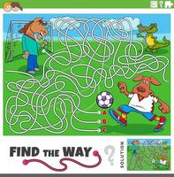 find the way maze game with cartoon animals playing soccer vector