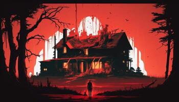 Red colored image of a horror silhouette house image generative AI photo