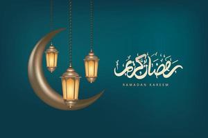 Ramadán kareem bandera modelo con creciente y islámico linternas vector