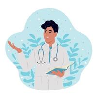 Happy male doctor in white coat and stethoscope in hands with notebook pointing to side. International Doctor's Day. vector