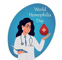 World Hemophilia Day. The doctor holds a drop of blood. A laboratory technician examines a blood test. Blood donation and anemia concept. vector