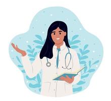 Happy doctor in white coat and stethoscope in hands with notebook pointing to side. vector