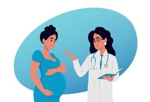 un cuidando médico es hablando a un expectante madre. ginecólogo-obstetra consulta de un embarazada mujer. un conversacion Entre un médico y un paciente. vector