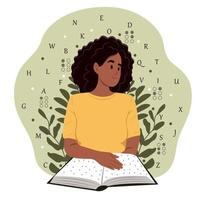 June 27 - International Day of the Deaf-Blind.World Braille Day. A smiling blind black woman reads something in Braille. November 13 - International Day of the Blind. vector
