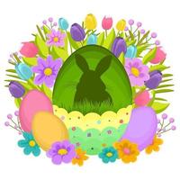 Easter illustration with a rabbit, flowers, Easter eggs, background, banner, seasonal card, Spring, Vector