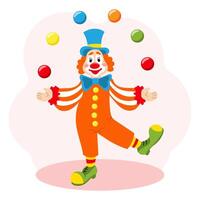 Cute funny cartoon clown juggler with balls. Children's card, print, colorful illustration, vector