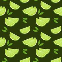 Seamless pattern, colorful lime slices and leaves on a green background. Fruit background, print, textile, vector