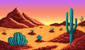 Pixel desert with mountains and cacti background. Hot dry 8bit valley with yellow sand and red hills with turquoise thorny plants. Gradient neon sky before morning vector sunrise