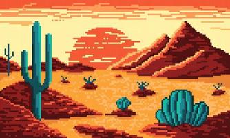 píxel caliente Desierto con montañas y cactus antecedentes. seco 8 bits Valle con amarillo arena y rojo colinas con Dom en caliente bruma. degradado pixelado cielo antes de vector amanecer