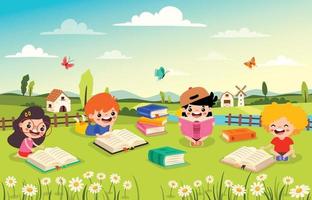 niños leyendo libro a naturaleza vector