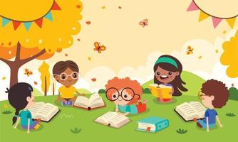 niños leyendo libro a naturaleza vector