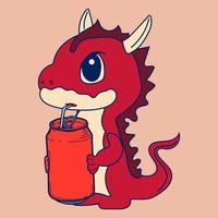 Vector Stock Illustration isolated Emoji character cartoon dragon dinosaur drinks soda from a can sticker emoticon for site, info graphics, video, animation