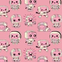 Seamless pattern with cute Robots. Cute artificial robotic character. Hand drawn Vector illustration. Futuristic retro androids. Cartoon style.