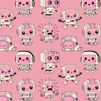 Seamless pattern with cute Robots. Cute artificial robotic character. Hand drawn Vector illustration. Futuristic retro androids. Cartoon style.