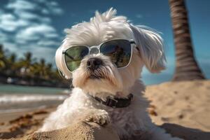 maltés en Gafas de sol en el playa. generativo ai. foto