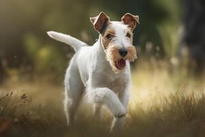 Fox terrier running through a field. . photo
