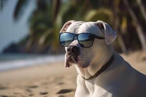 Dogo Argentino in sunglasses on the beach. . photo