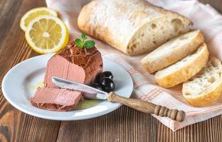 Chicken liver pate on the white plate photo