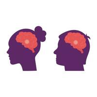 Head silhouette of a woman and a man with a brain in flat style vector