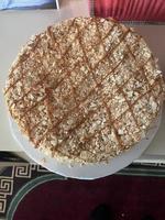 Coffee cake on the table in coffee shop. Top view photo