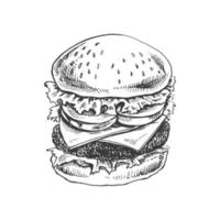 Hand-drawn sketch of great delicious sandwich, burger, hamburger isolated on white background. Fast food vintage illustration. Element for the design of labels, packaging and postcards vector
