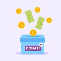 Box with donation money flying into it in flat style. Donate, Charity vector
