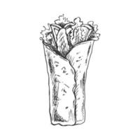 Hand-drawn sketch style burrito wrap with vegetables and meat  pieces isolated on white background. Fast food illustration. Vintage drawing. Element for the design of labels, packaging and postcards. vector