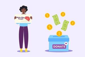 African-American woman holding a Make May Purple poster in flat style. Raising funds to support research and treatment of brain stroke. Box with a donation. vector