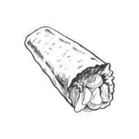 dibujado a mano bosquejo estilo burrito envolver con vegetales y carne piezas aislado en blanco antecedentes. rápido comida ilustración. Clásico dibujo. elemento para el diseño de etiquetas, embalaje y postales vector