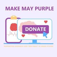 Flat style monitor with donate button. Make May Purple. Support for research and treatment of brain stroke. vector