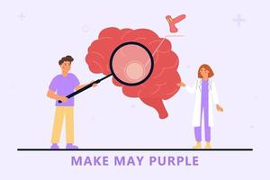 médico y paciente explorador el cerebro carrera en plano estilo. hacer mayo púrpura. vector
