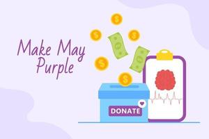 Flat style box with a donation. Make May Purple. Support for research and treatment of brain stroke. vector