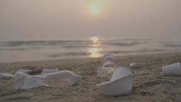 Beach in the morning with ocean garbage scene video