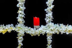 Wedding stage with artificial candles and flowers decoration. photo