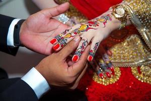 A groom puts the ring on the finger of bride. Indian Wedding. photo