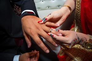 A bride is wearing a ring on the groom's finger. Indian Wedding. photo